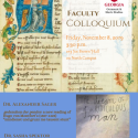 flyer to promote Faculty Colloquium on Friday, November 8, 2019 at 3:30 p.m. Dr. Alexander Sager and Dr. Sasha Spektor will each make a brief presentation on his research, and then will answer questions. Refreshments will be served at 3:15 p.m. Open to all.